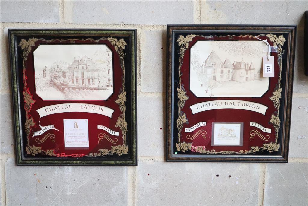 Chateau Latour and Haut Brion, two framed prints, 42 x 47cm